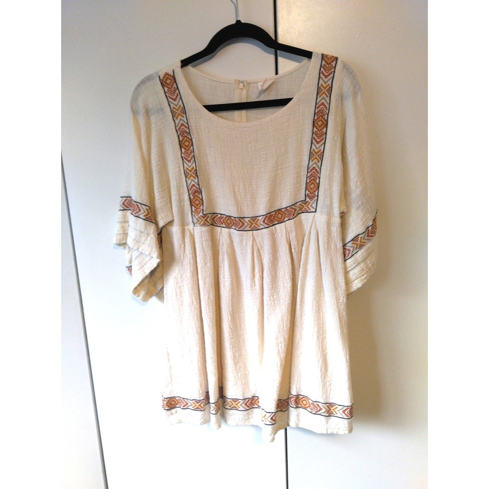 Womens Embroidered Boho Tunic Top Size S Off White Peasant Festival Oversized